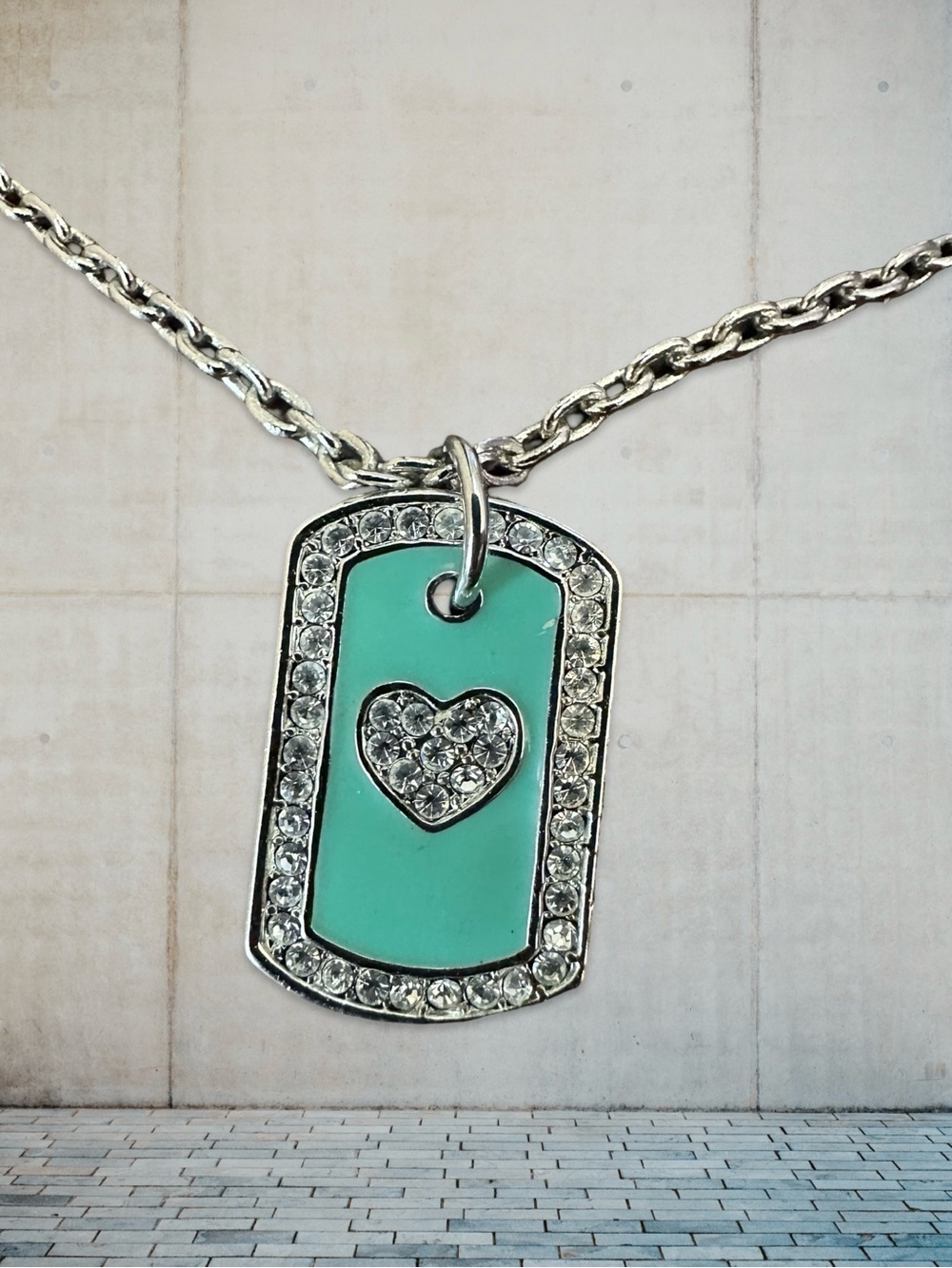 Unique Vintage Rhinestone Heart, Light Teal Enameled Pendant Necklace